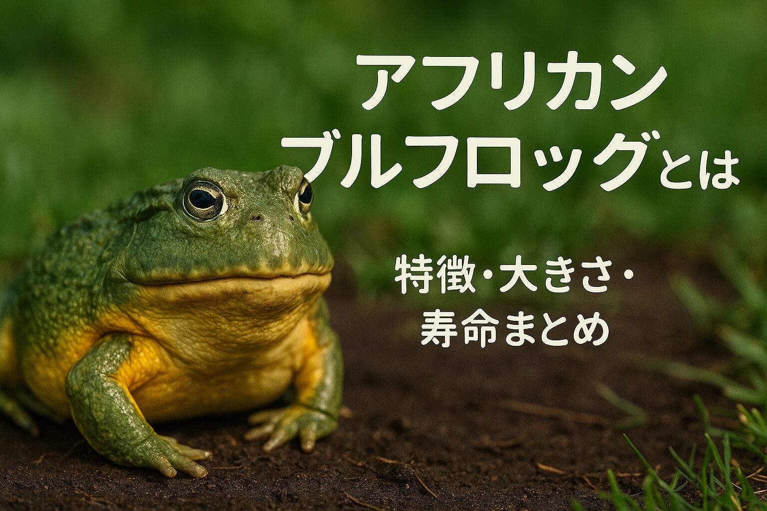 アフリカンブルフロッグが地面に座る姿と「アフリカンブルフロッグとは 特徴・大きさ・寿命まとめ」