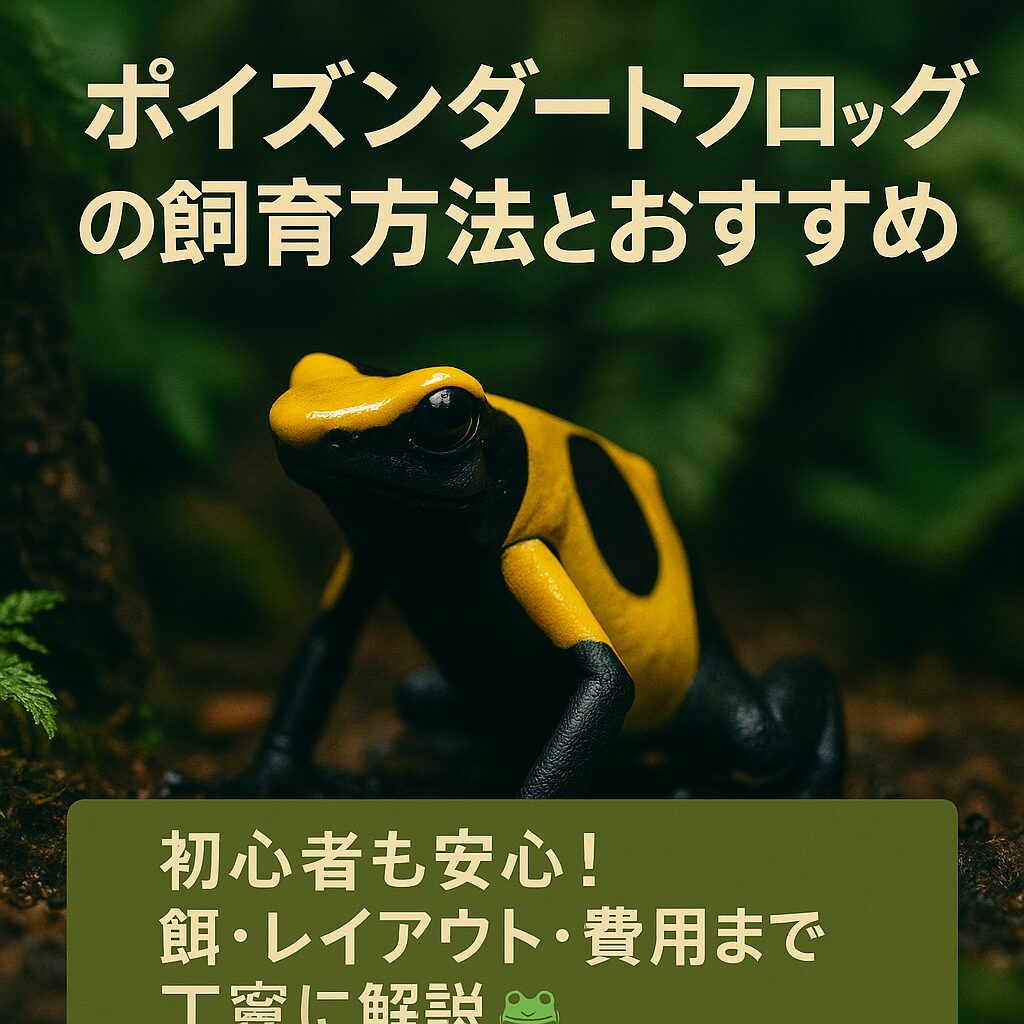 ポイズンダートフロッグの飼育方法とおすすめを紹介する日本語のアイキャッチ画像（黄色いカエルと解説テキスト入り）