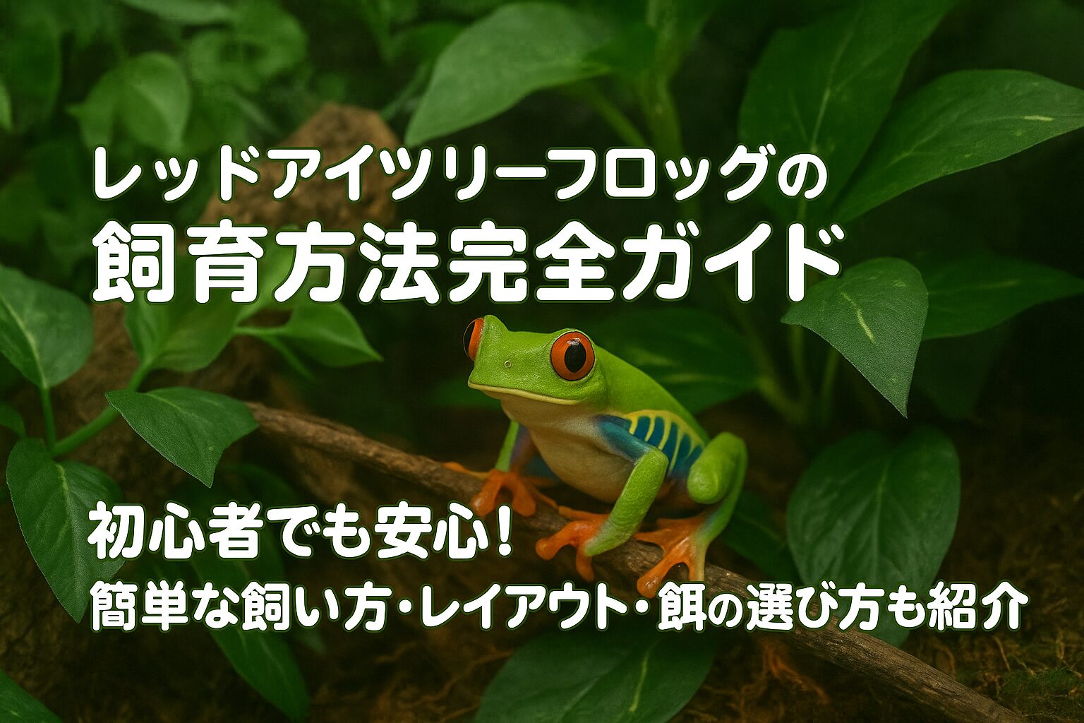 レッドアイツリーフロッグが枝に乗っている熱帯風レイアウトの画像。飼育ガイド記事用のアイキャッチ。