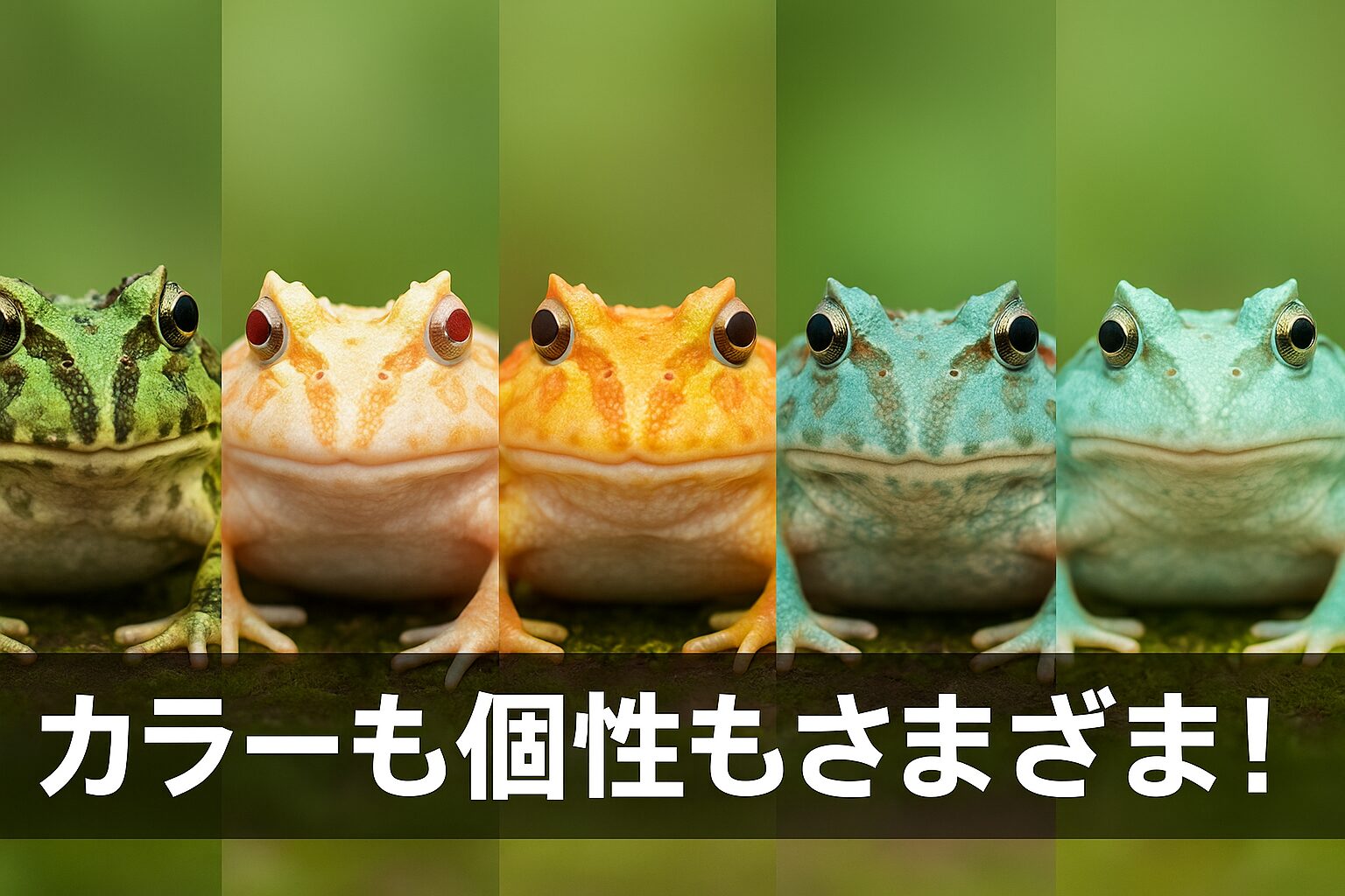 カラフルなパックマンフロッグが並ぶ写真｜グリーン・アルビノ・アプリコット・ブルー・ペパーミントの個体