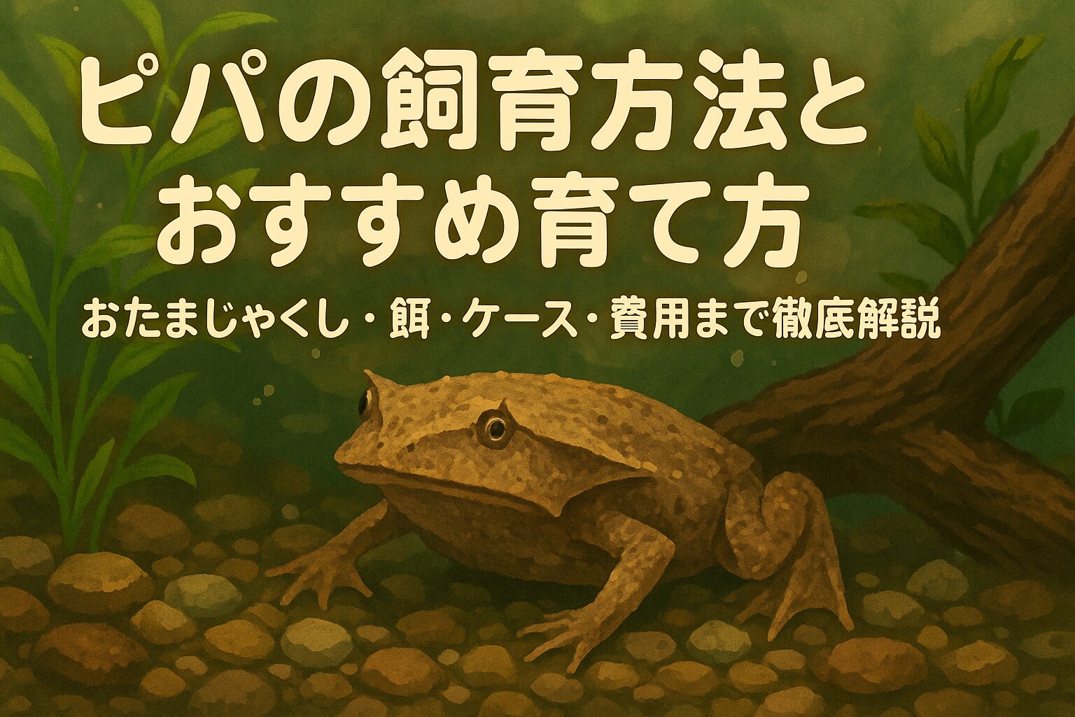 ピパの飼育方法とおすすめ育て方を紹介する文字入りアイキャッチ画像｜水中にいるピパピパと自然なレイアウト