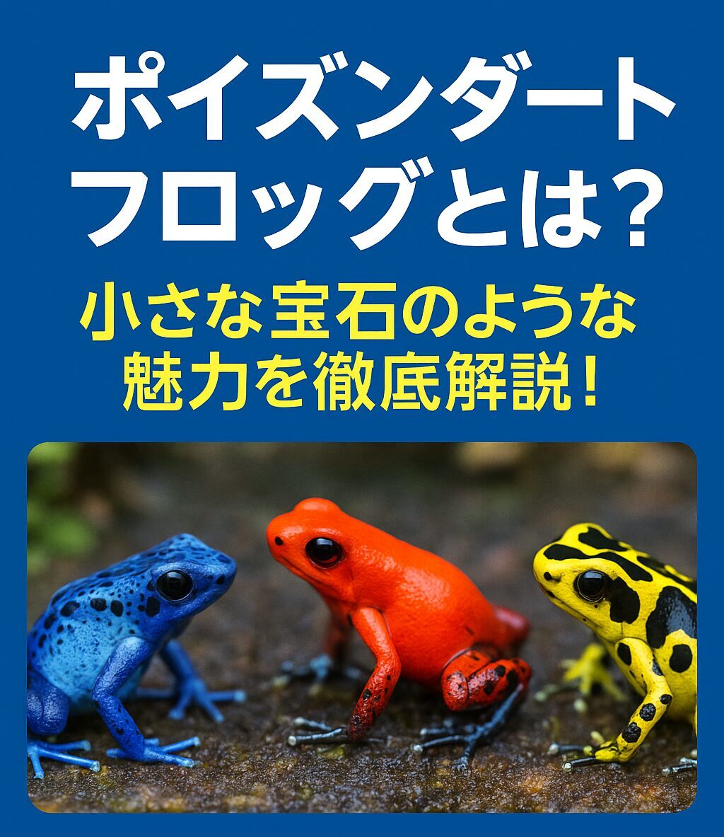 ポイズンダートフロッグの魅力を紹介する記事用アイキャッチ画像｜大きさ・カラー・寿命・販売・鳴き声まで解説