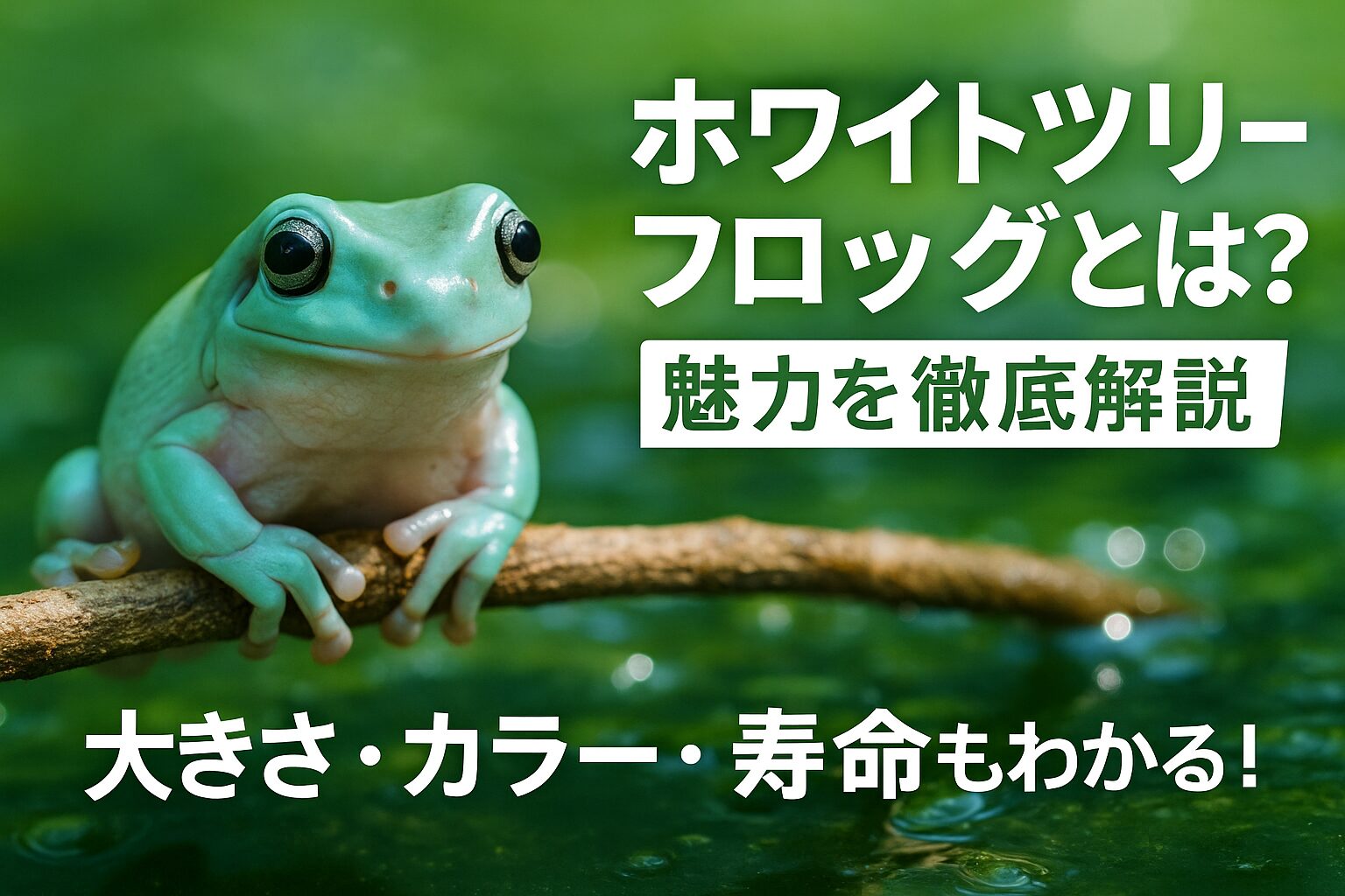 ホワイトツリーフロッグが木の枝に乗っている様子と、ホワイトツリーフロッグの特徴を紹介する日本語テキスト入りアイキャッチ