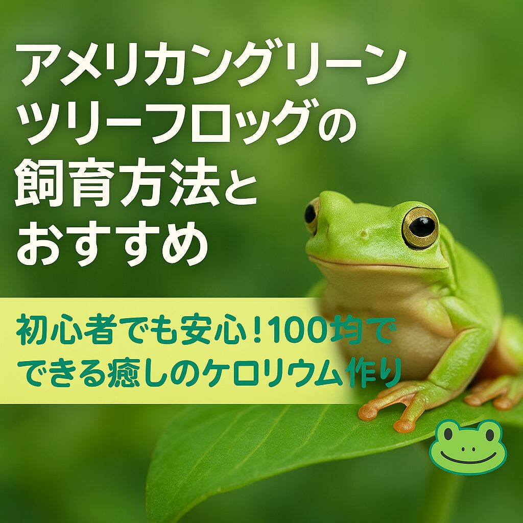 葉の上に座るアメリカングリーンツリーフロッグと飼育方法のテキストが入ったアイキャッチ画像