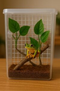 透明なプラケースの中にワイヤーネット、人工植物、木の枝を配置し、枝に緑色のカエル（パラシュートフロッグ）が乗っている飼育レイアウトの写真。