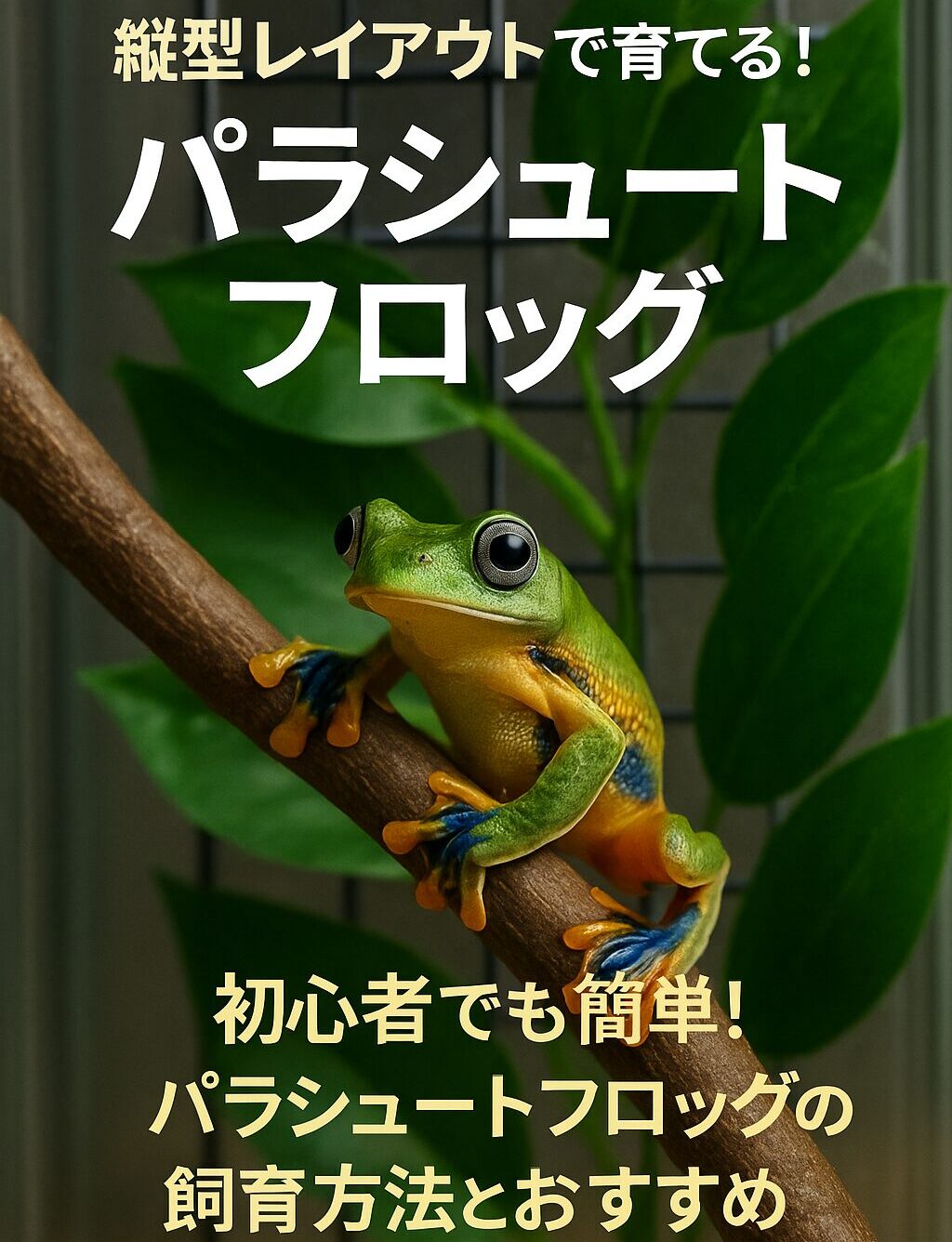 パラシュートフロッグが枝につかまり、背景に人工葉とワイヤーネットが配置されたテラリウム内の様子。大きな文字で「初心者でも簡単！パラシュートフロッグの飼育方法とおすすめ」と表示されている。